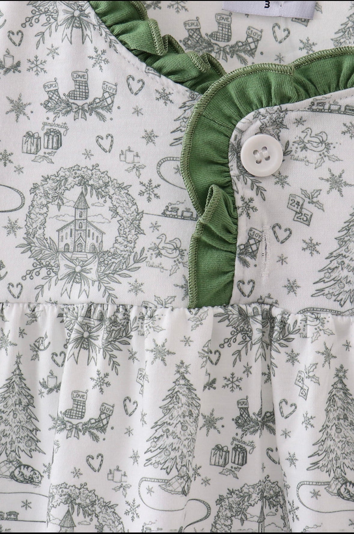 Green Christmas tree print ruffle gown
