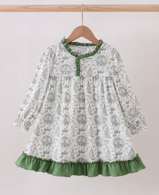 Green Christmas tree print ruffle gown