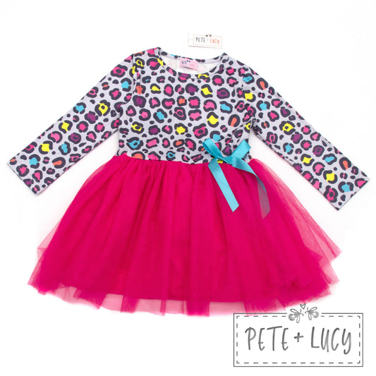 Neon Leopard Long Sleeve Tulle Dress